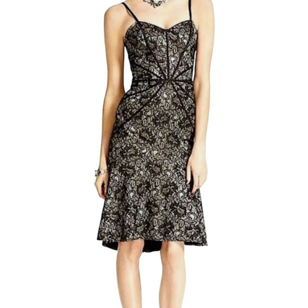 NWT Truly Zac Posen Black Nude Short Bonded Lace Mermaid Dress Womens 4